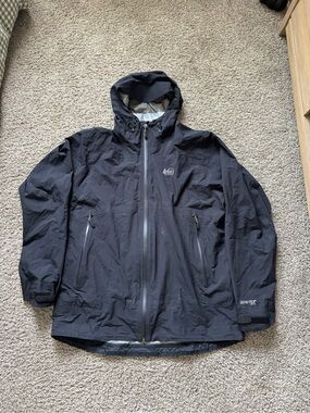 REI Co-op Jacket Mens Large Black GORE-TEX Hooded Waterproof Rain Hiking Shell